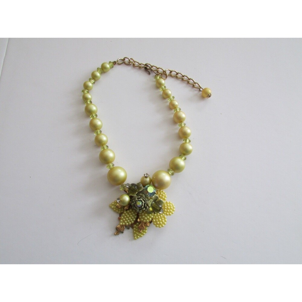 Vintage Karu Arke Yellowish Beaded Floral Pendant Necklace 14" Length Adj. Chain